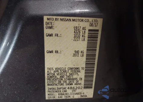 2017 Nissan Altima 2.5 Sv z USA, uszkodzony, nr VIN 1N4AL3AP5HC486202